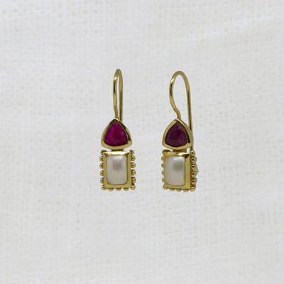 18ct Gold Vermeil Ruby Pearl Hook Earrings
