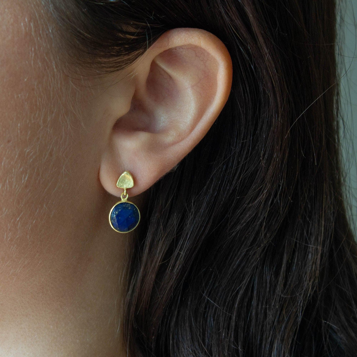 Brushed Gold Round Lapis Lazuli Stud Drop Earrings - Rococo Jewellery