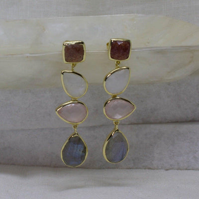 18ct Gold Vermeil Quartz, Moonstone and Labradorite Drop Earrings - Rococo Jewellery