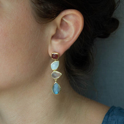 18ct Gold Vermeil Quartz, Moonstone and Labradorite Drop Earrings - Rococo Jewellery