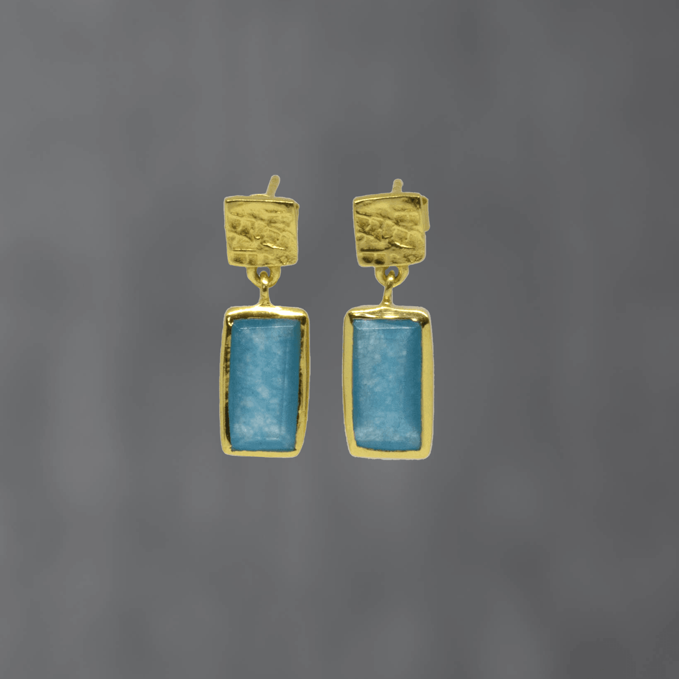 Gold Textured Blue Jade Rectangle Stud Drop Earrings - Rococo Jewellery