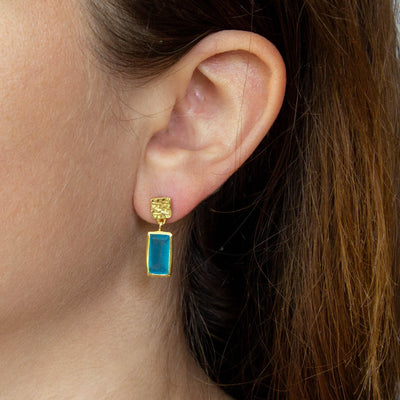 Gold Textured Blue Jade Rectangle Stud Drop Earrings - Rococo Jewellery