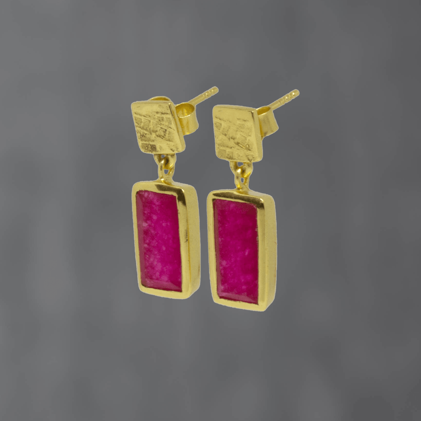 Gold Textured Pink Jade Rectangle Stud Drop Earrings - Rococo Jewellery