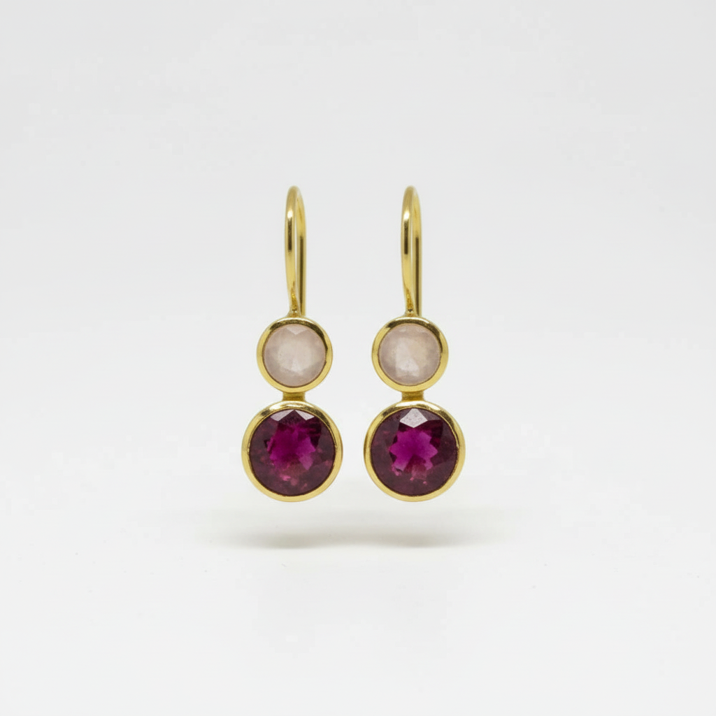 18ct Gold Vermeil Ruby & Rose Quartz Double Circle Drop Earrings