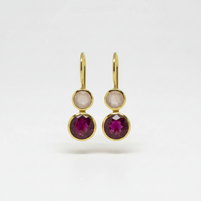 18ct Gold Vermeil Ruby & Rose Quartz Double Circle Drop Earrings