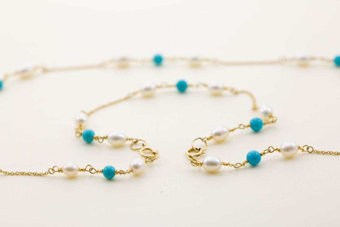Simon Alexander 9ct Gold Turquoise and Pearl Necklace with Bracelet - Rococo Jewellery