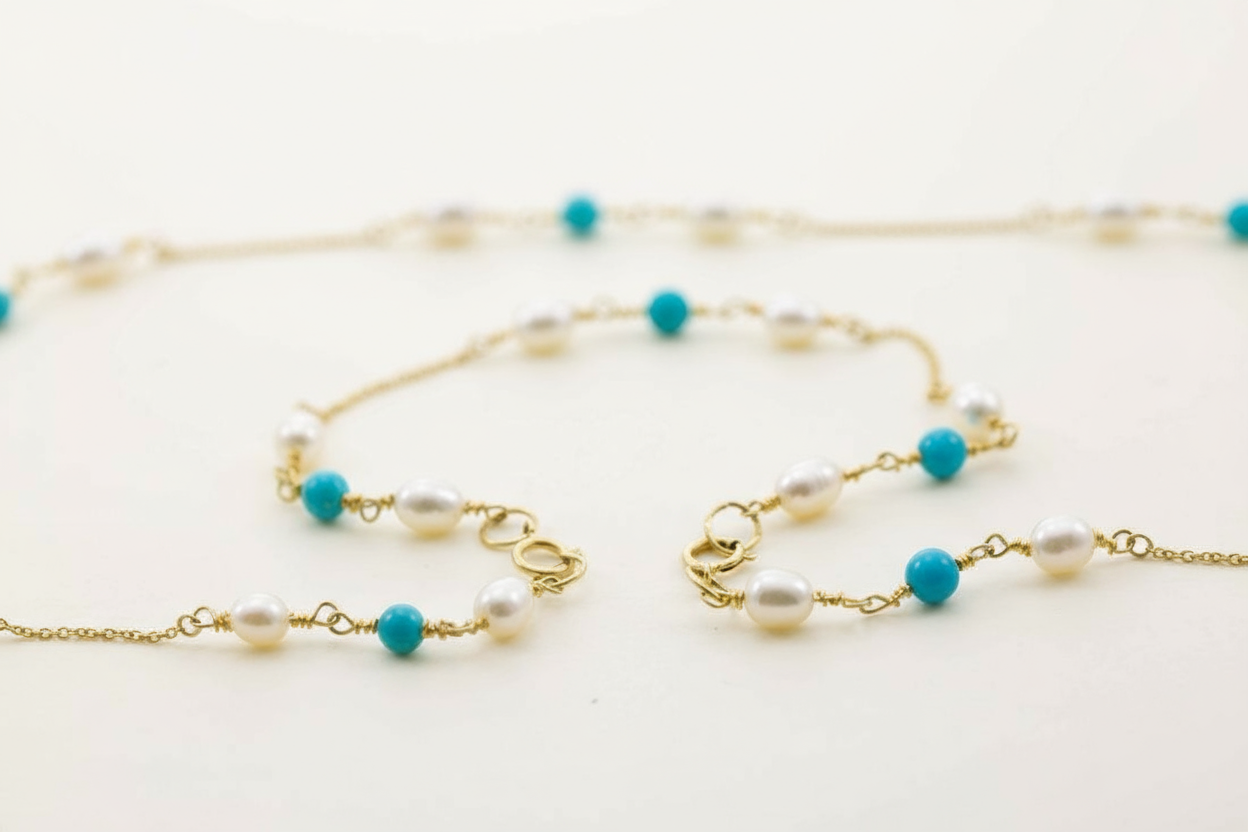 9ct Gold Turquoise and Pearl Necklace with Bracelet Set