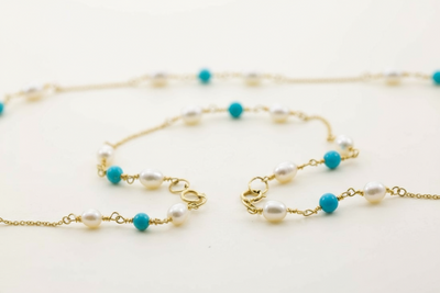 9ct Gold Turquoise and Pearl Necklace with Bracelet Set