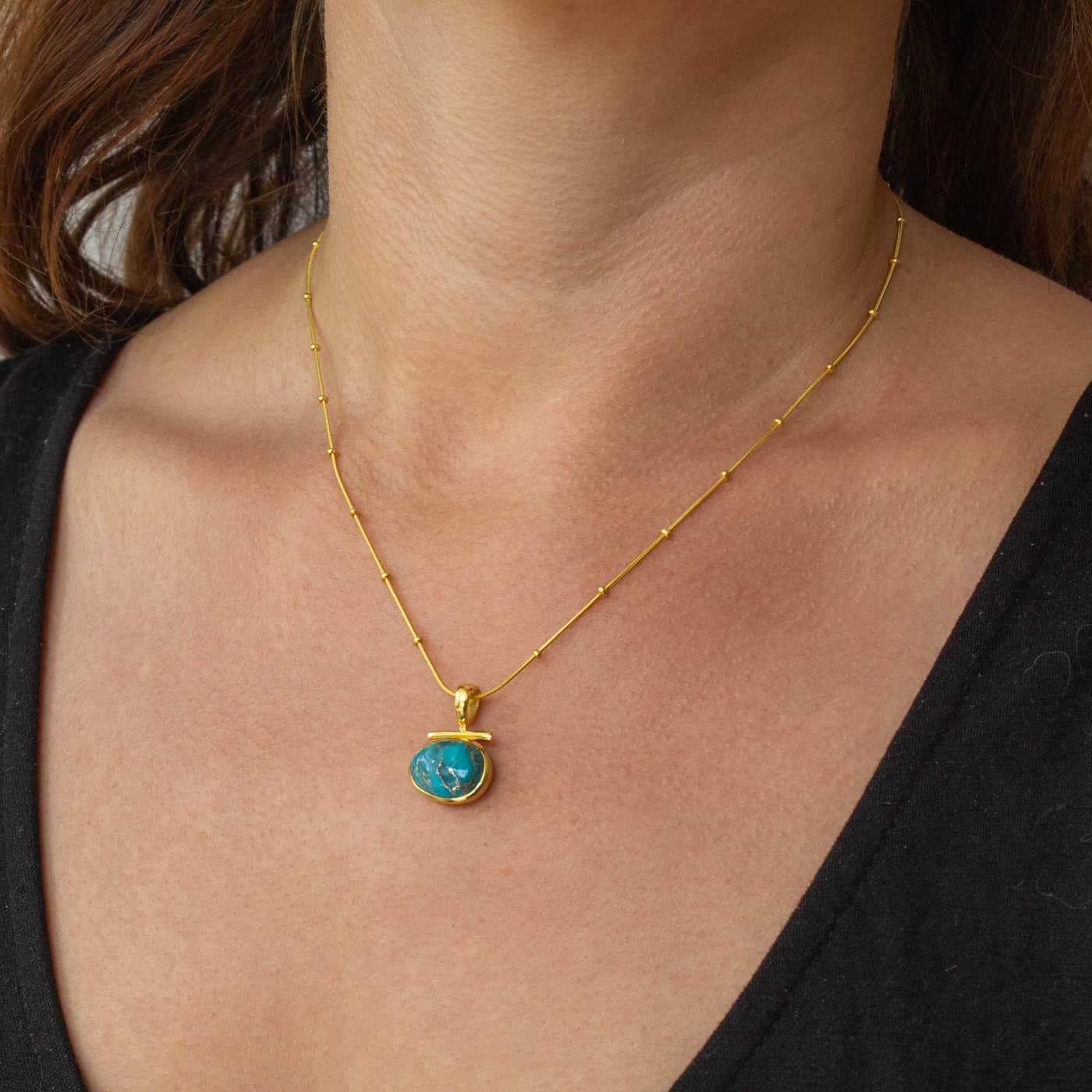 Gold and Mojave Turquoise Bar Pendant Necklace - Rococo Jewellery