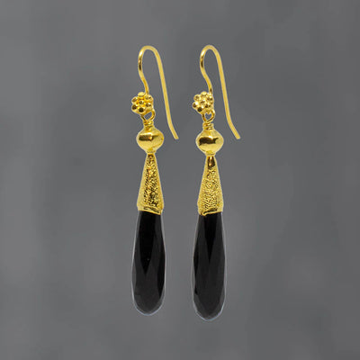 18ct Gold Vermeil Black Onyx Long Granulation Drop Earrings