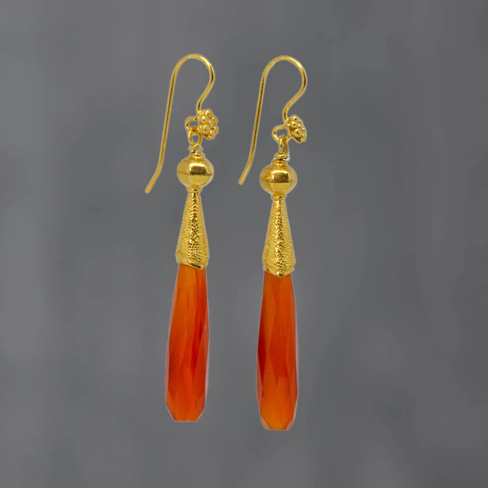 18ct Gold Vermeil Carnelian Long Granulation Drop Earrings