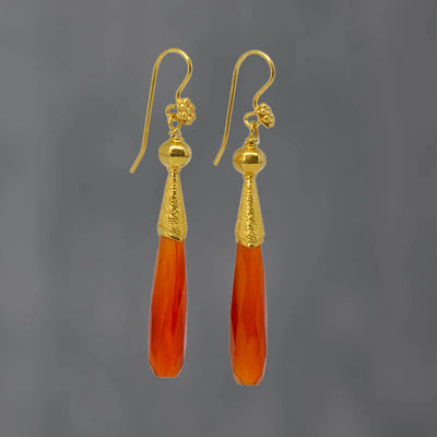 18ct Gold Vermeil Carnelian Long Granulation Drop Earrings