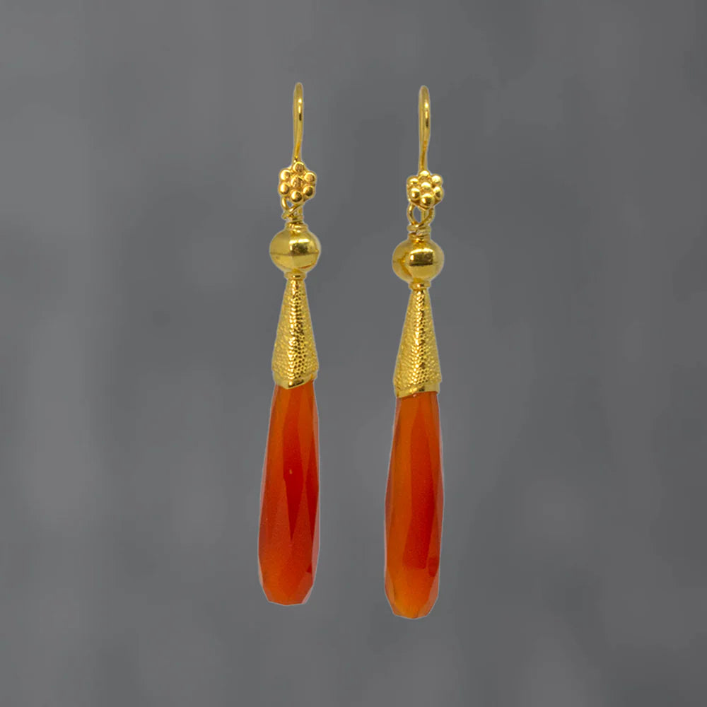 18ct Gold Vermeil Carnelian Long Granulation Drop Earrings