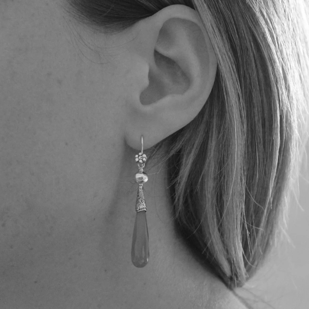 18ct Gold Vermeil Black Onyx Long Granulation Drop Earrings