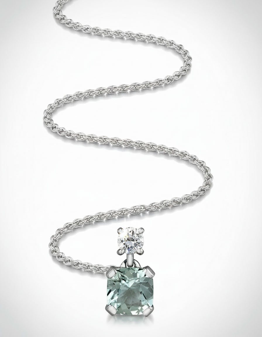 9ct White Gold Diamond and Aquamarine Necklace