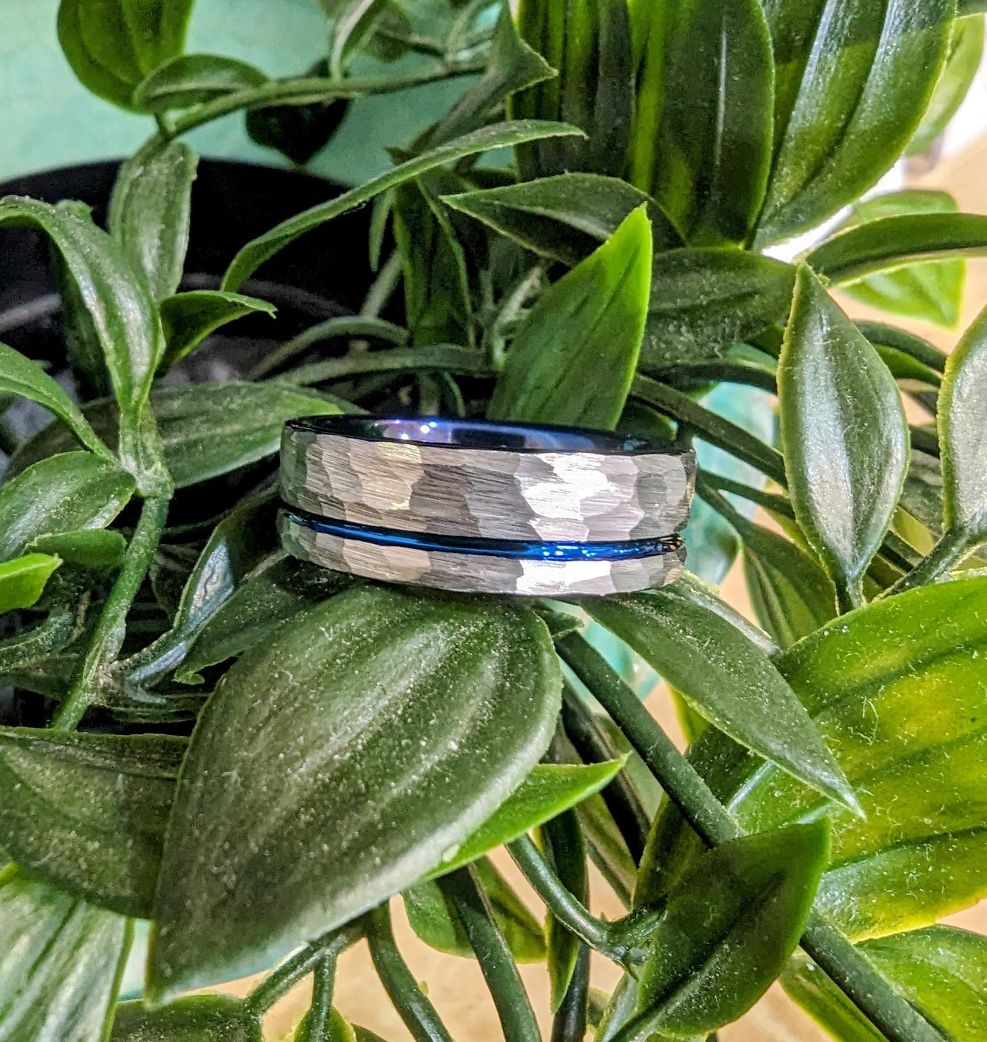 Unique & Co 7mm Tungsten Carbide Hammered Blue IP Ring - Rococo Jewellery