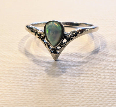 Silver Vintage Wishbone Style White Opalique Ring - Rococo Jewellery