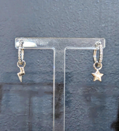 Kingsley Ryan Silver Dangly Star and Lightning Hoop Earrings - Rococo Jewellery