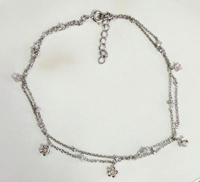 Crystal Flowers Double Chain Anklet - Sterling Silver - Rococo Jewellery