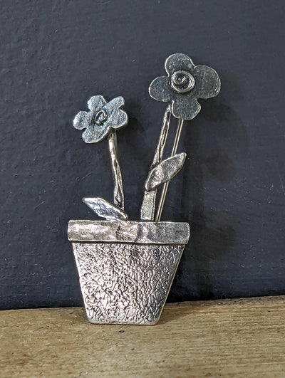 Sterling Silver Plant Pot and Flowers Brooch - Rococo Jewellery