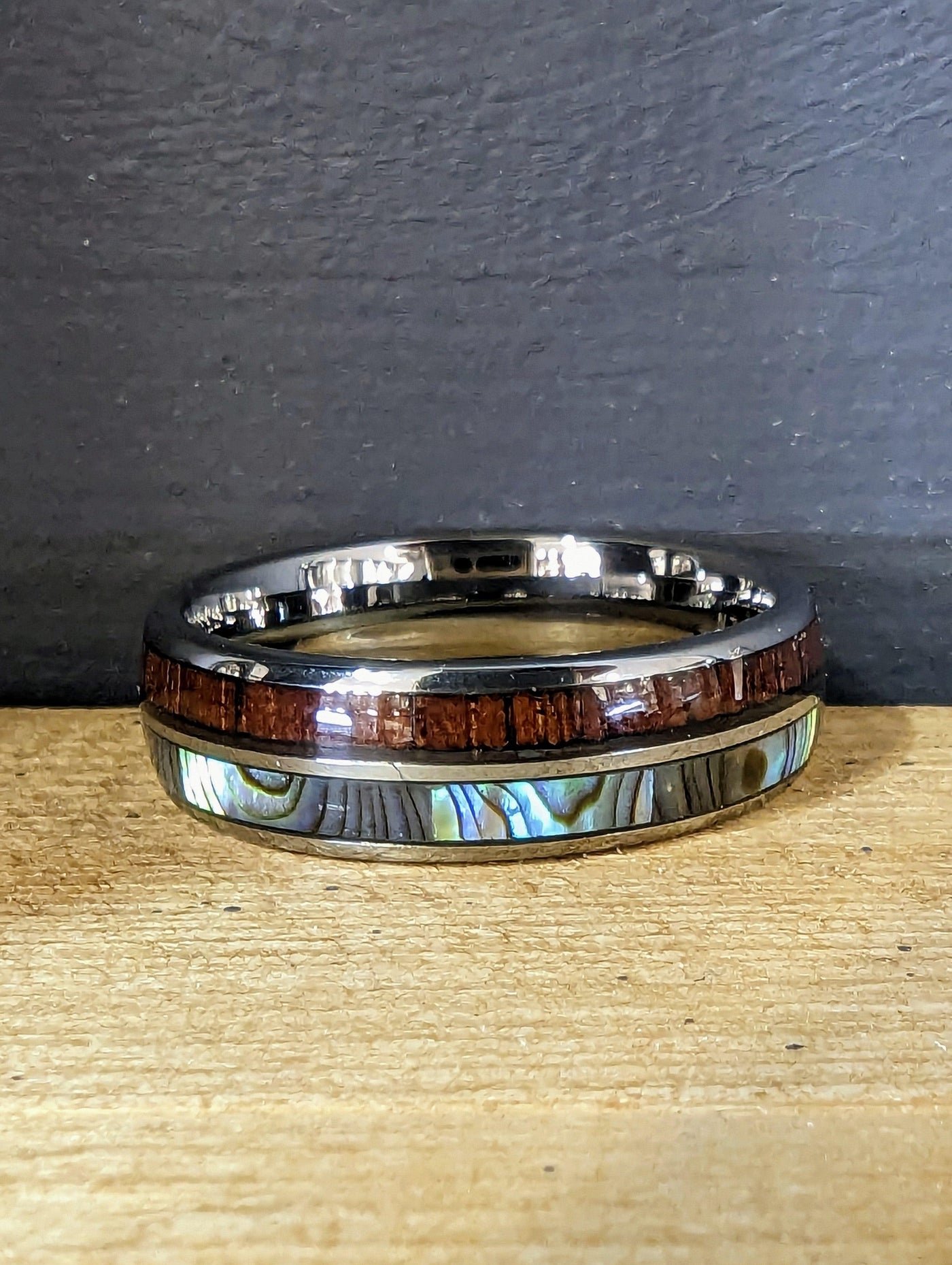 Unique & Co Tungsten Ring With Wood And Abalone Shell - Rococo Jewellery