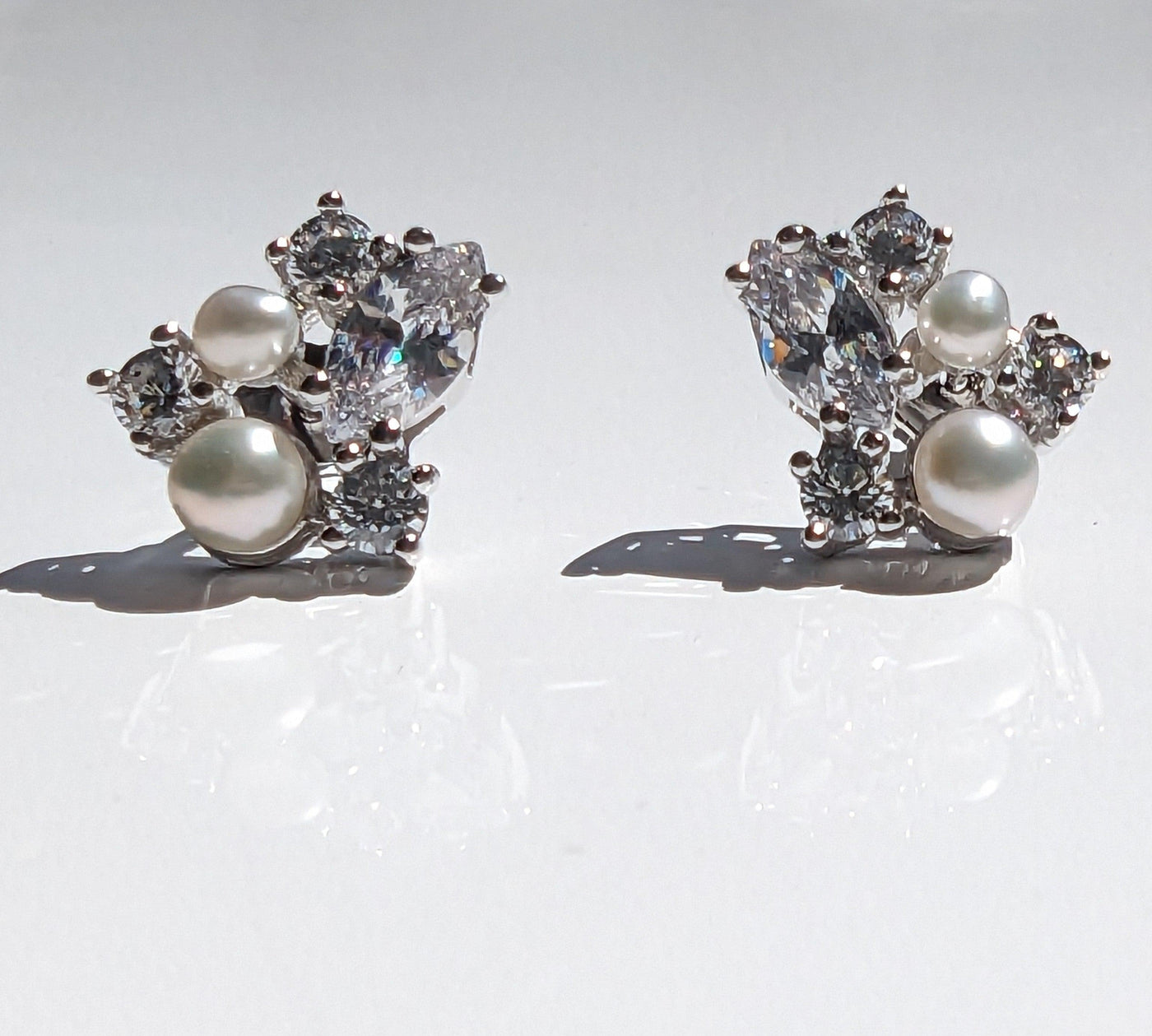 Sterling Silver Button Pearl and Cubic Zirconia Stud Earrings - Rococo Jewellery