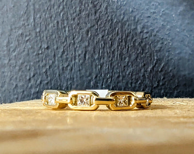 9ct Gold Princess Cut Chain Link Diamond Ring - Rococo Jewellery