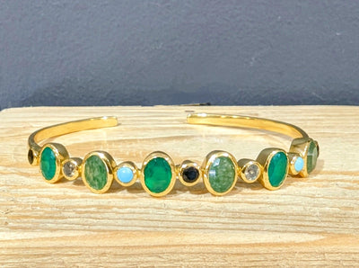 18ct Gold Vermeil and Mixed Green Gemstone Cuff Bangle - Rococo Jewellery