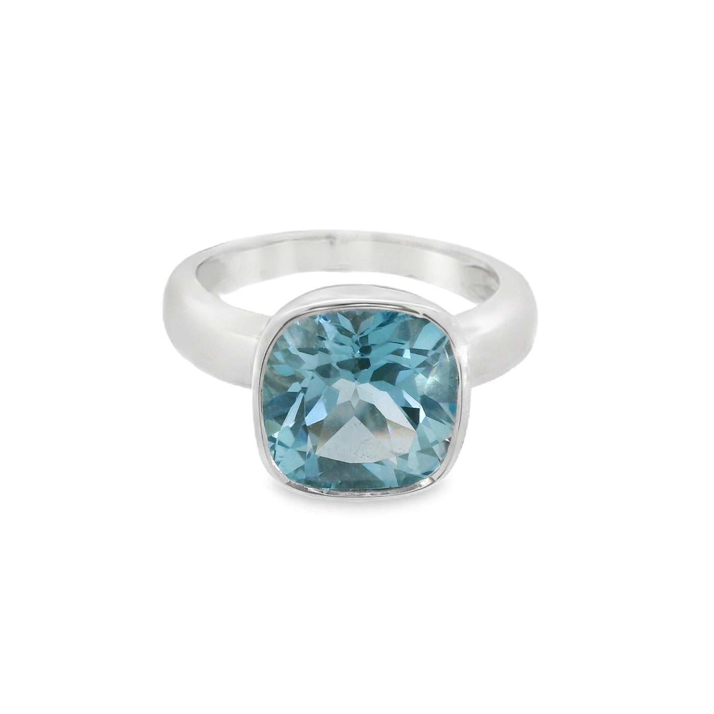 Silver Faceted Blue Topaz Cushion Ring