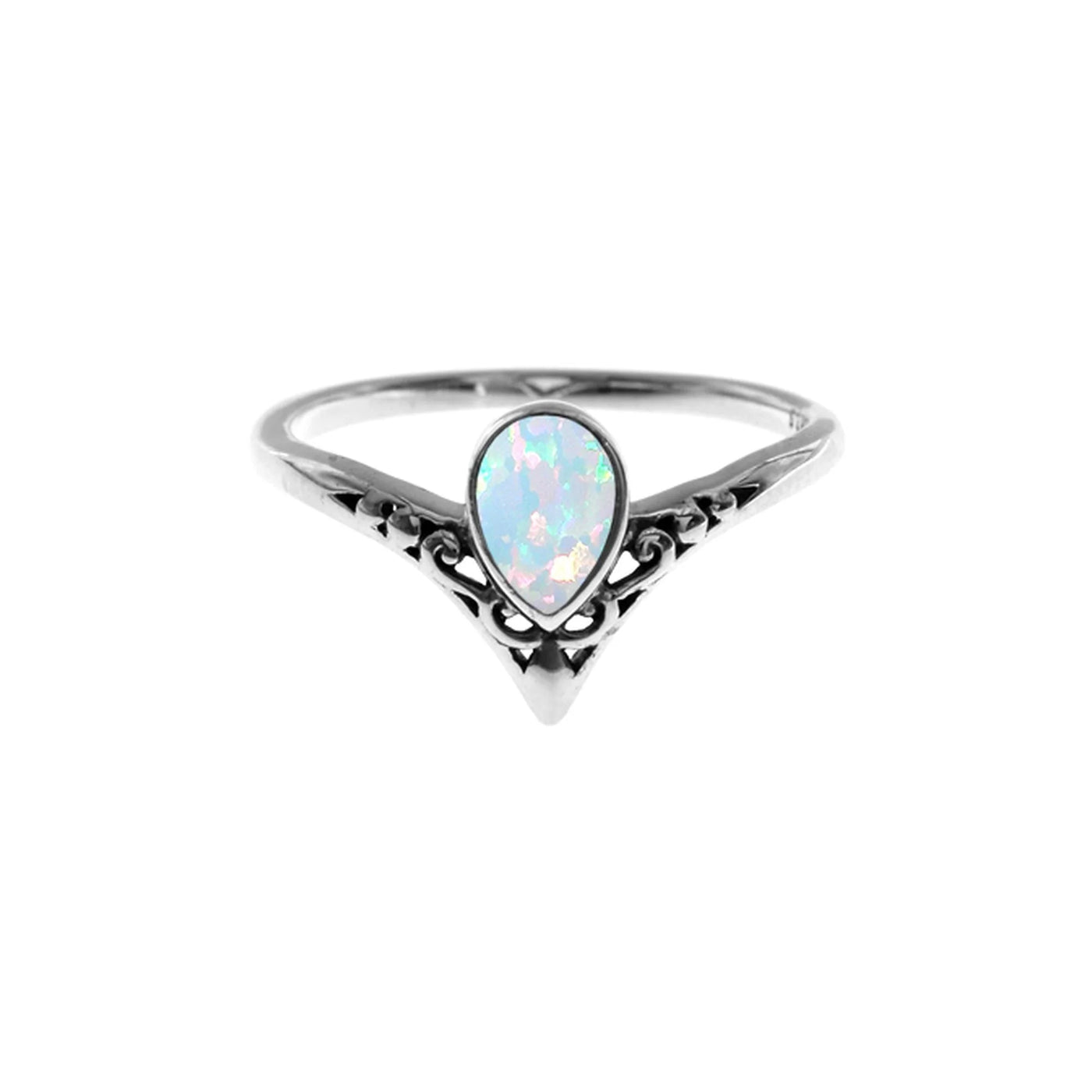 Silver Vintage Wishbone Style White Opalique Ring