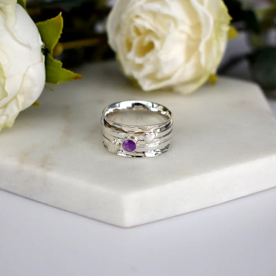 Amethyst Triple Band Spinning Ring with Hearts