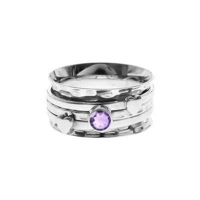 Amethyst Triple Band Spinning Ring with Hearts