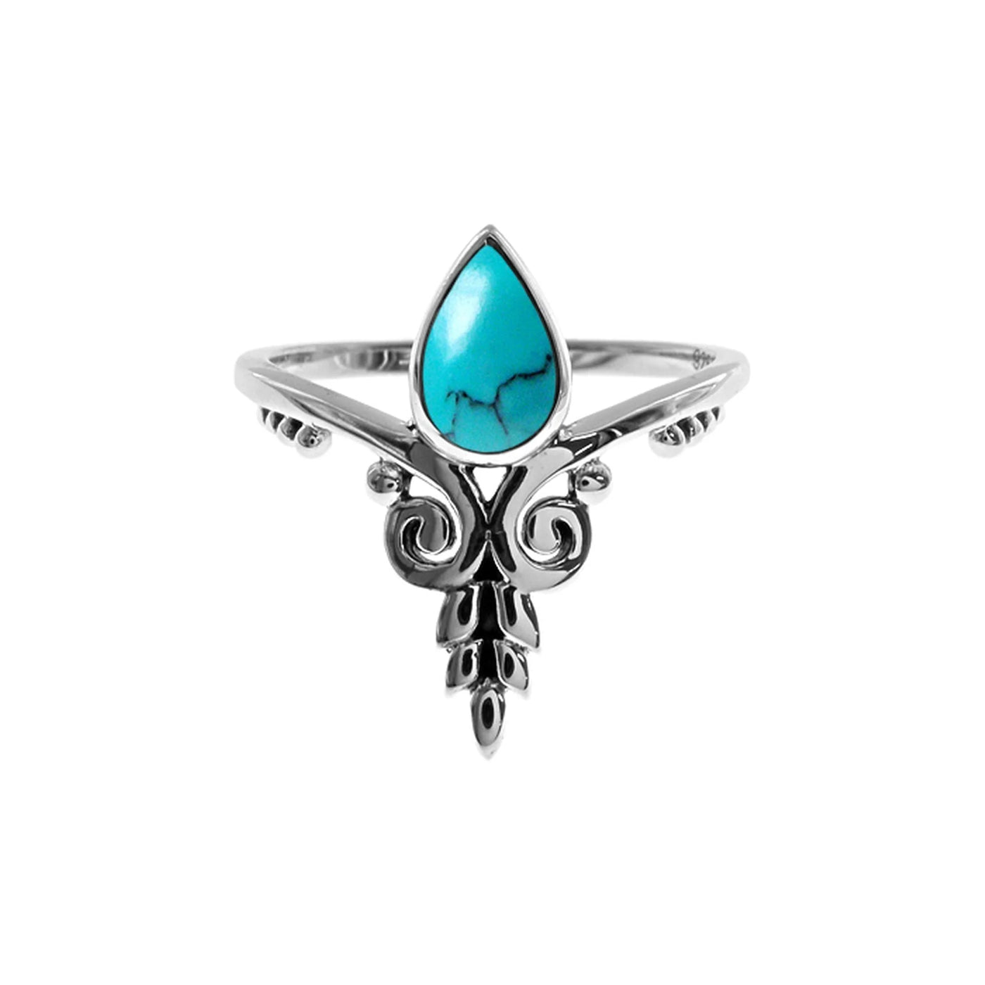 Sterling Silver Turquoise Teardrop Floral Chevron Ring