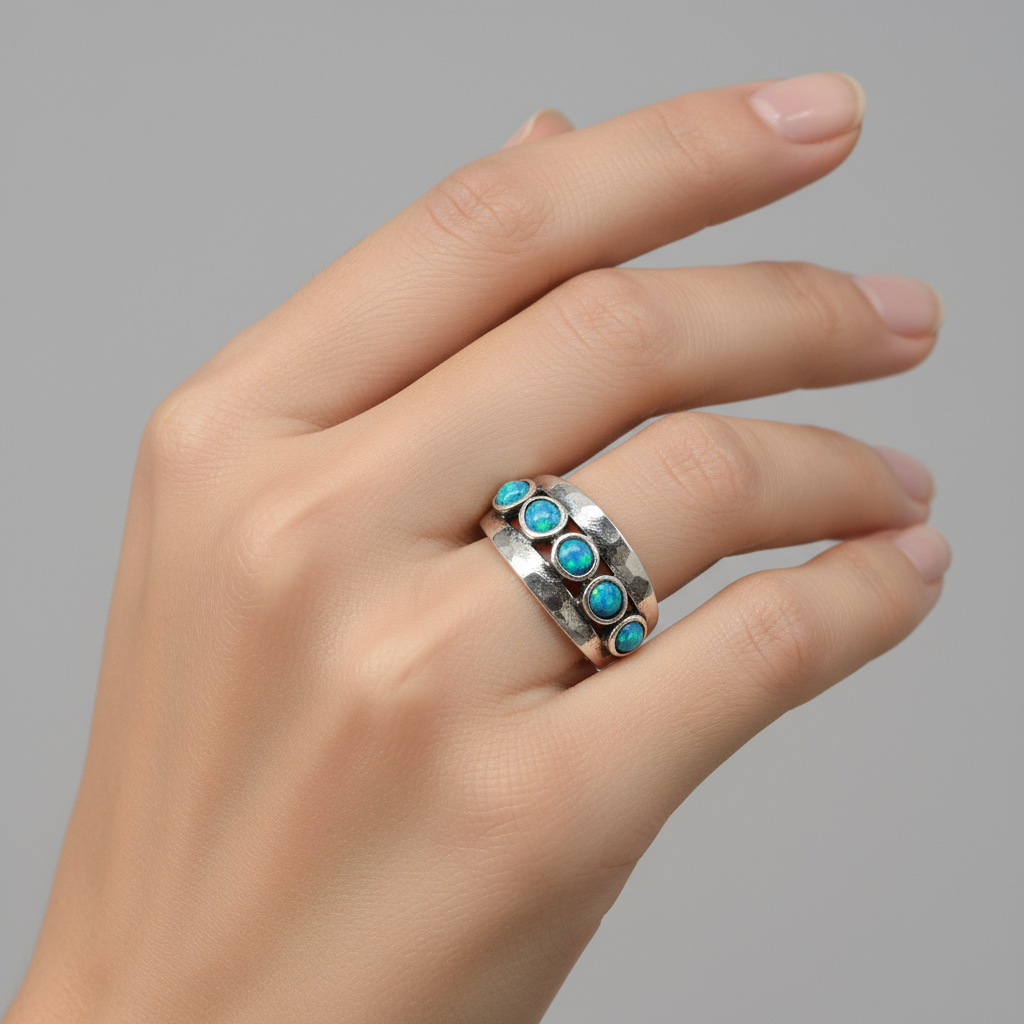 Silver ring with blue opal stones on a white background