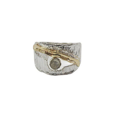Two-tone ring with gold and silver design on a white background