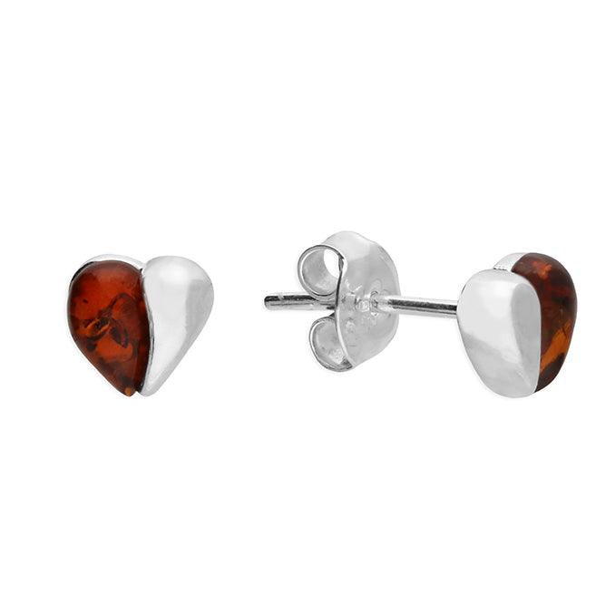 Sterling Silver Amber Split Heart Stud Earrings - Rococo Jewellery