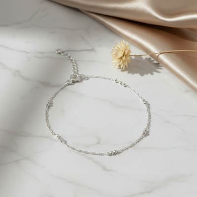 Diamond-Cut Bead Stations Anklet - Sterling Silver