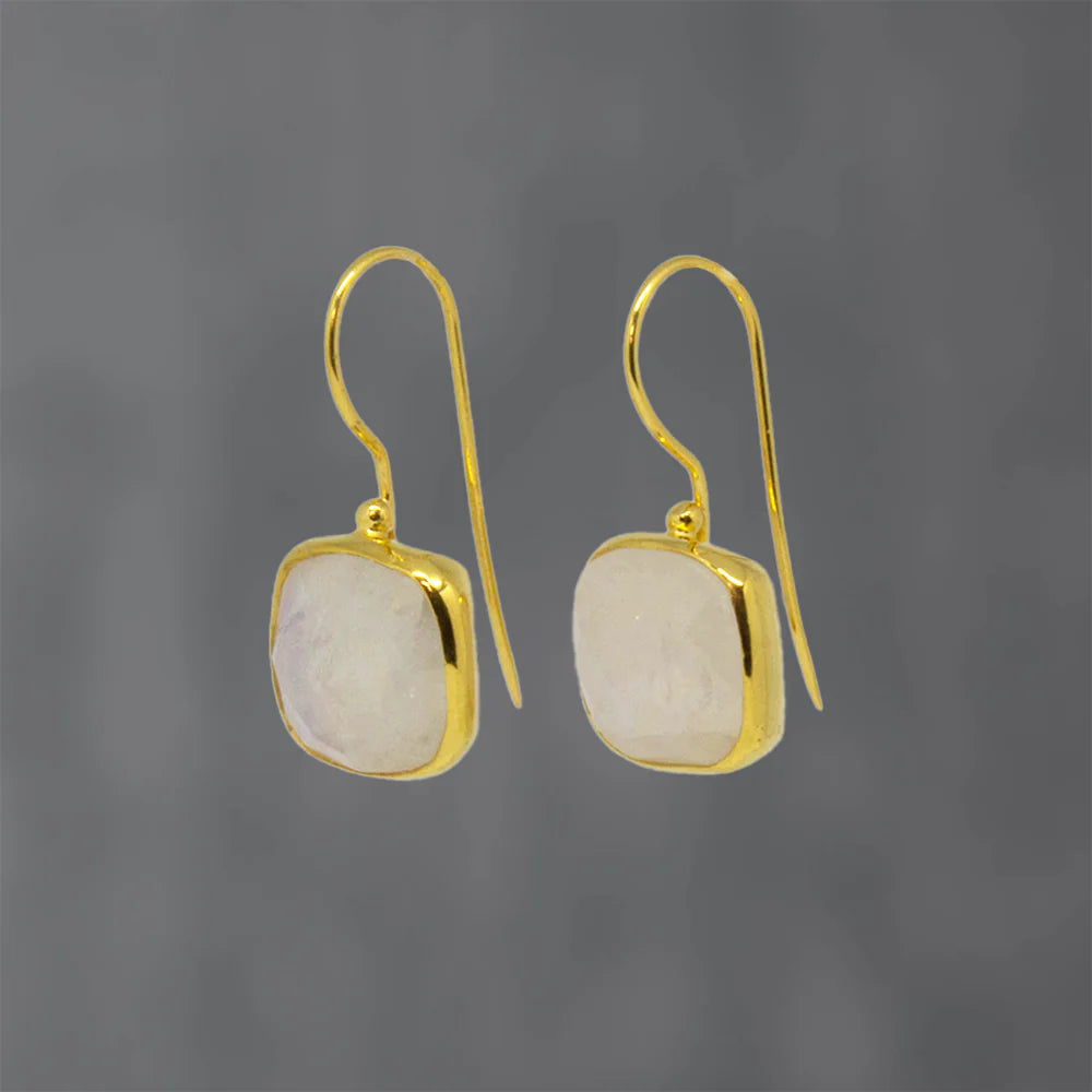 18ct Gold Vermeil Rainbow Moonstone Cushion-Cut Drop Earrings