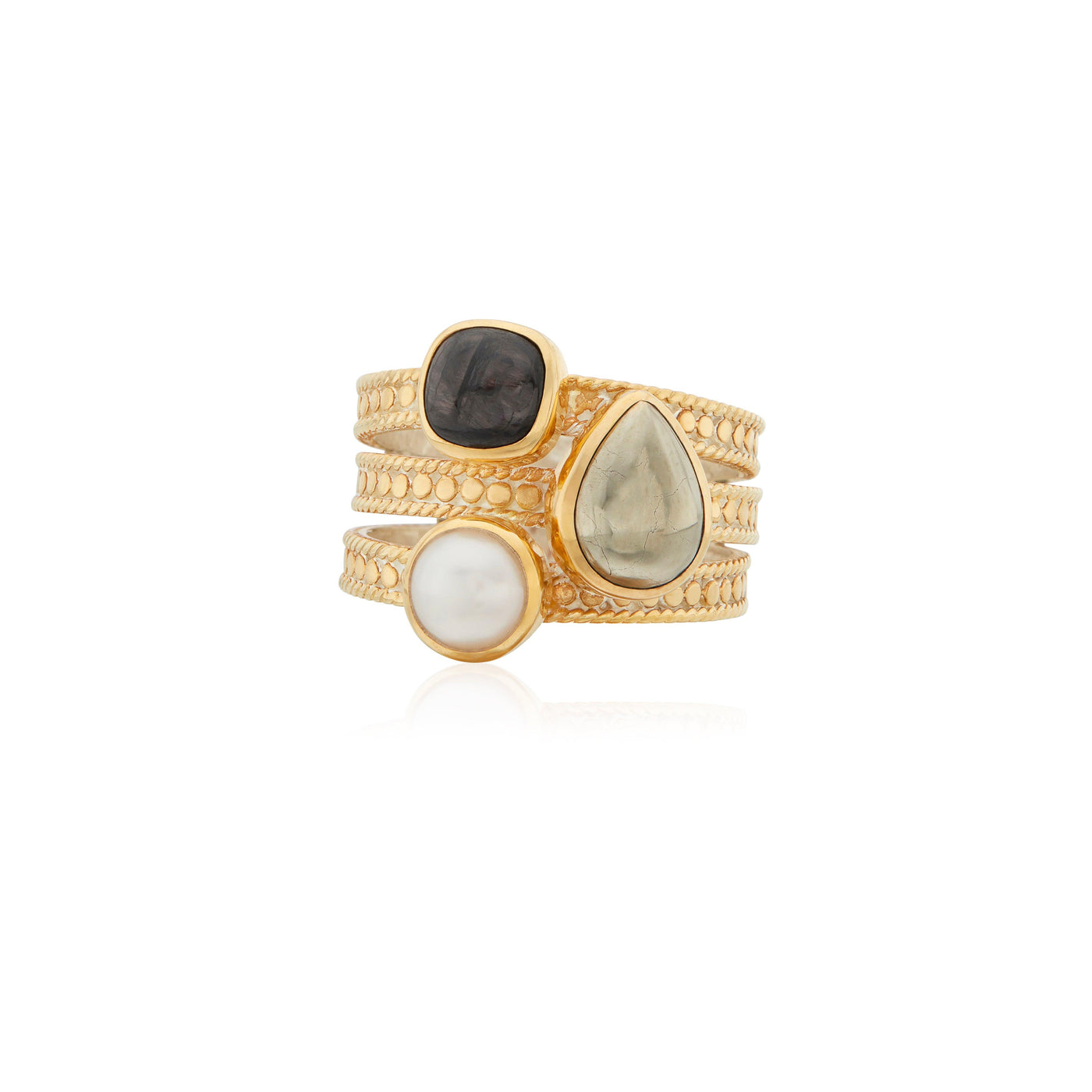 Anna Beck 18ct Gold Vermeil Hypersthene, Pyrite and Pearl Ring - Rococo Jewellery