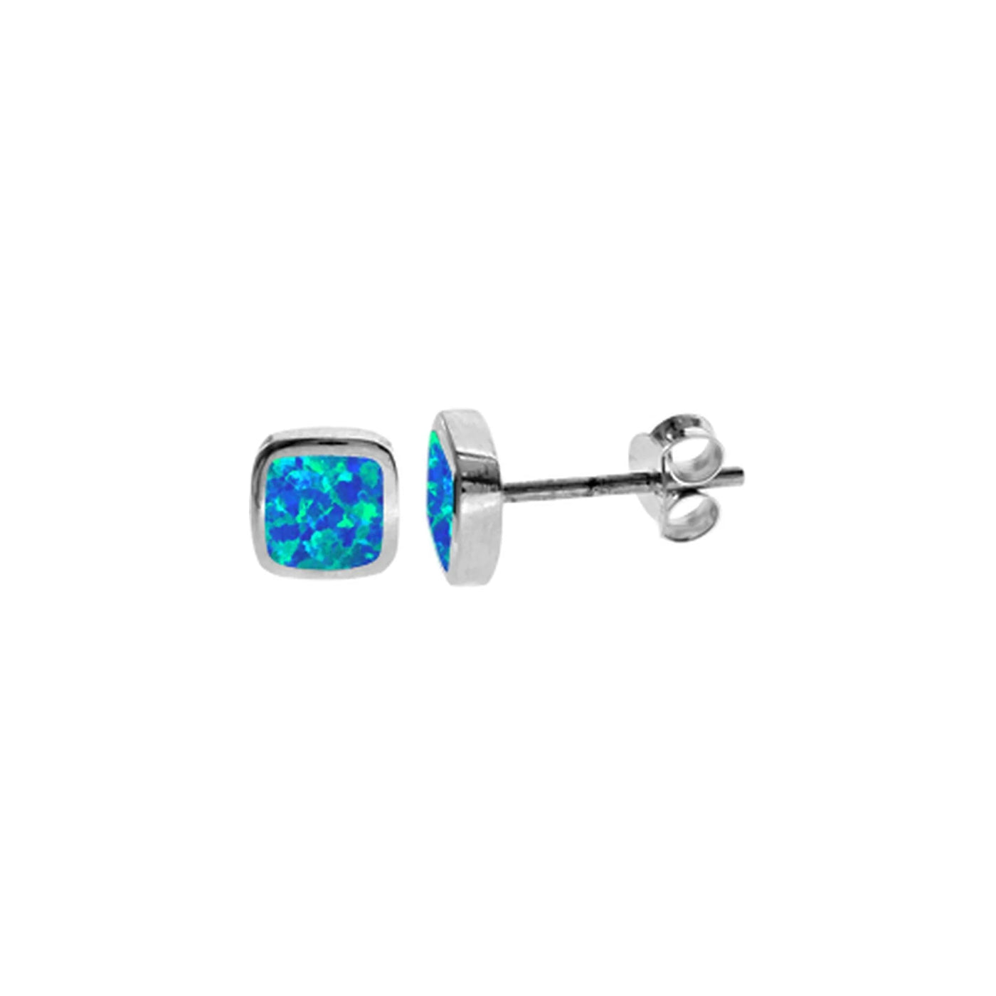 Silver Squircle Blue Opal Stud Earrings