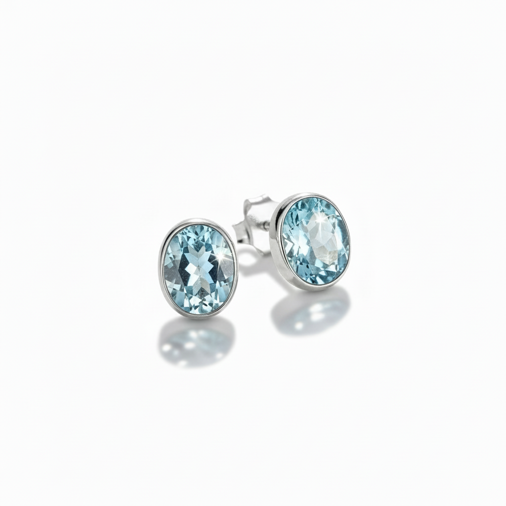 Blue Topaz Faceted Oval Cabochon Stud Earrings