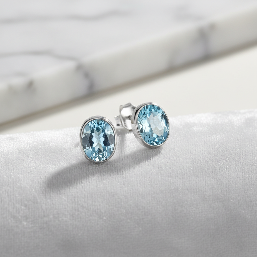 A pair of silver stud earrings featuring a faceted blue topaz oval cabochon design.