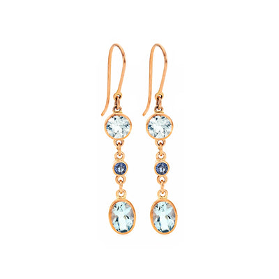 Rose gold earrings with aquamarine and sapphire gemstones on a white background