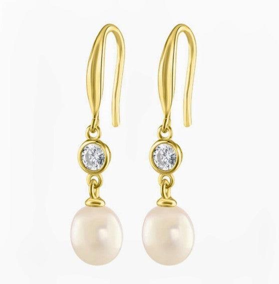 Gold Pearl and Cubic Zirconia Drop Earrings - Rococo Jewellery