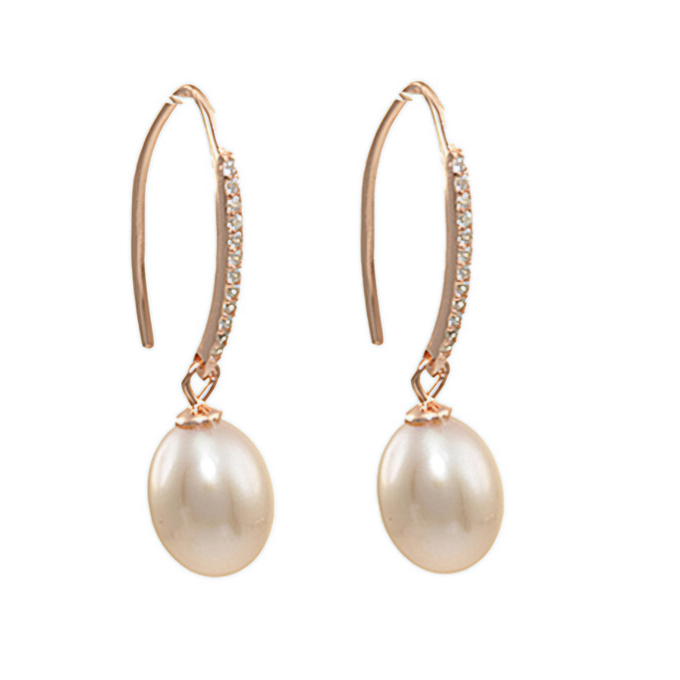 Rose Gold Plated Long Pearl and Cubic Zirconia Hook Earrings