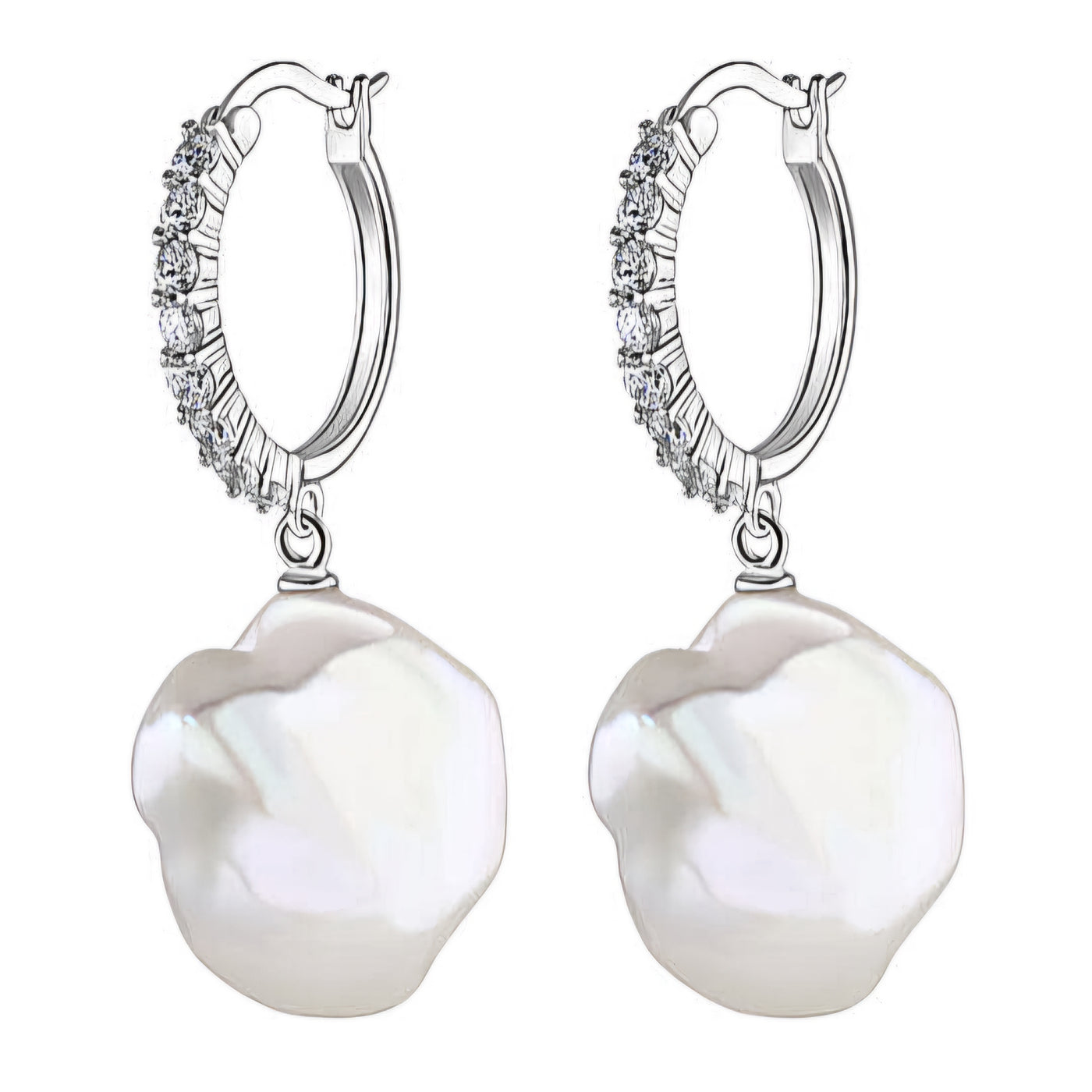 White Baroque Pearl CZ Set Hoop Earrings