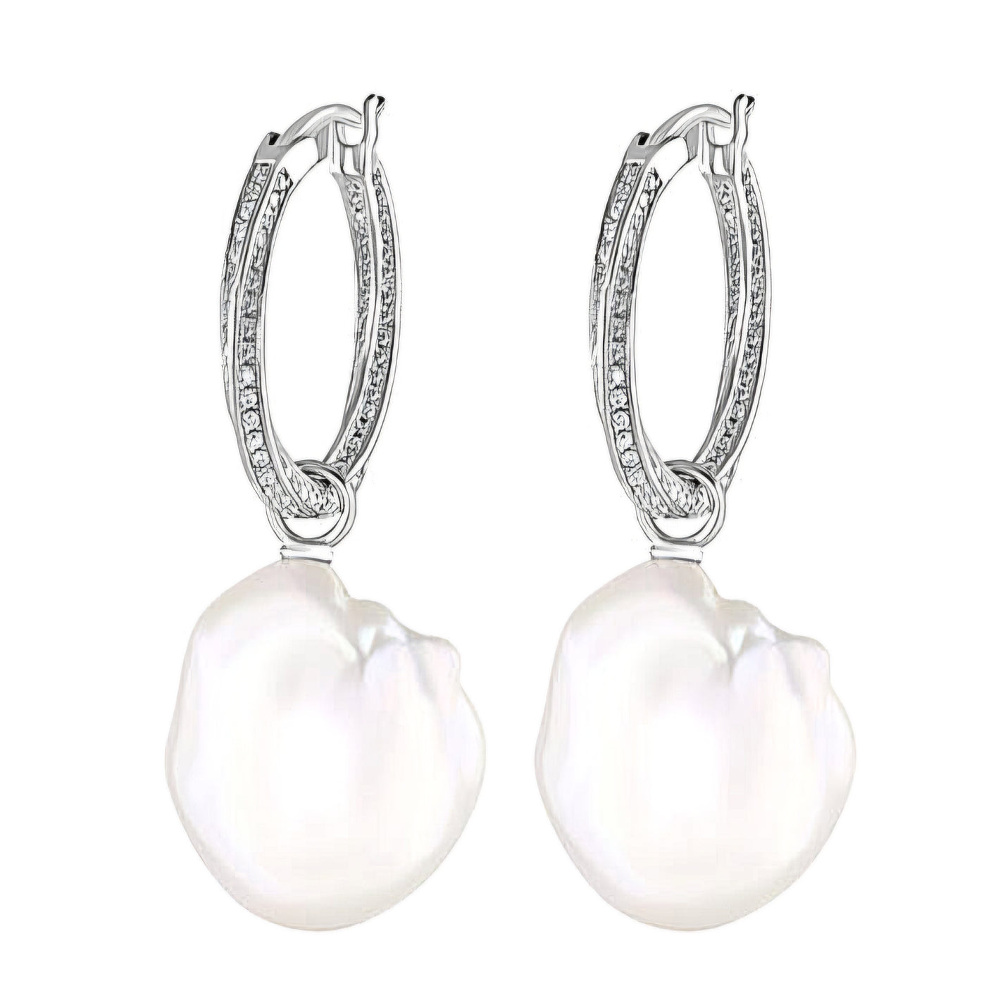 Sterling Silver Large Baroque Pearl and Cubic Zirconia Hoop Earrings