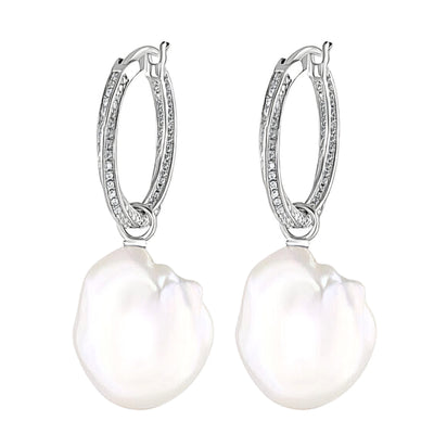 Sterling Silver Large Baroque Pearl and Cubic Zirconia Hoop Earrings