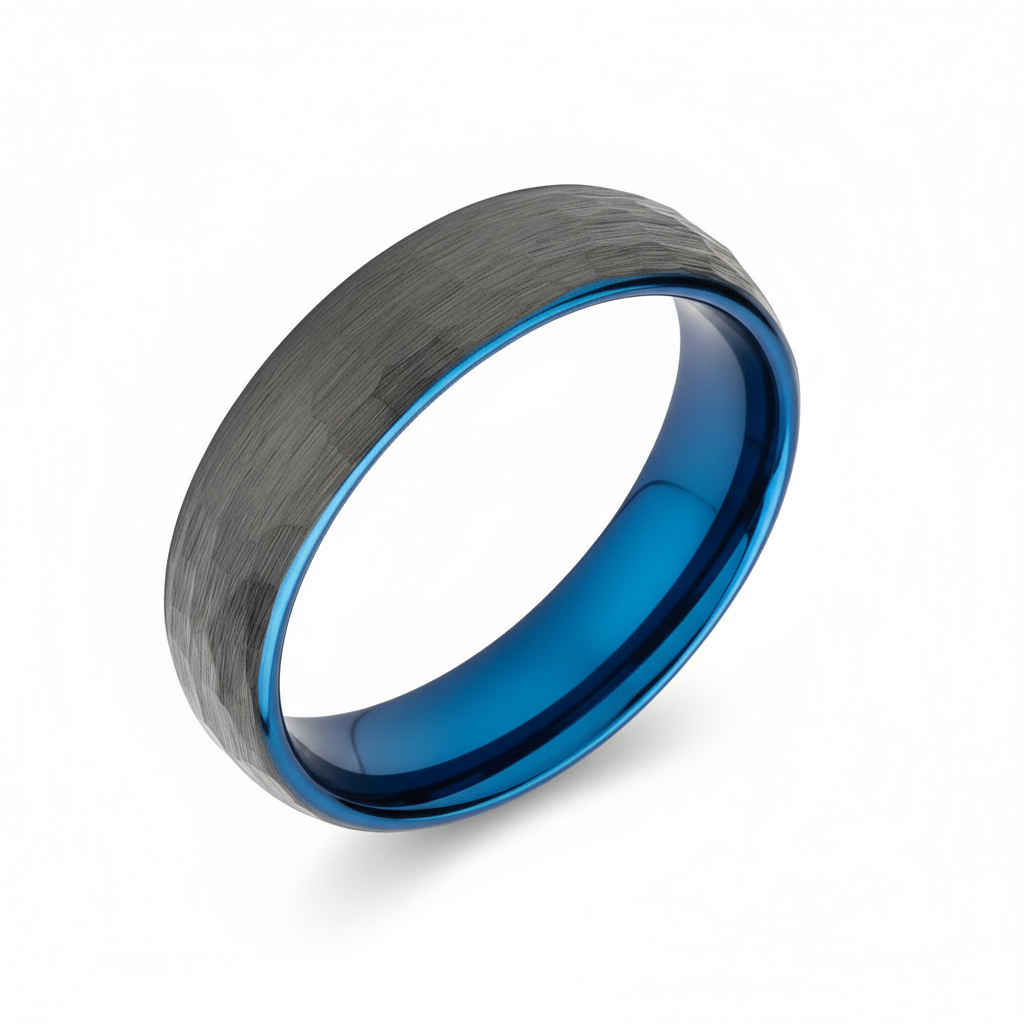 Hammered Tungsten Carbide Black and Blue Court Ring