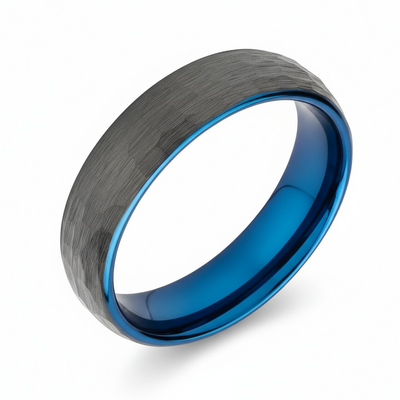 Hammered Tungsten Carbide Black and Blue Court Ring